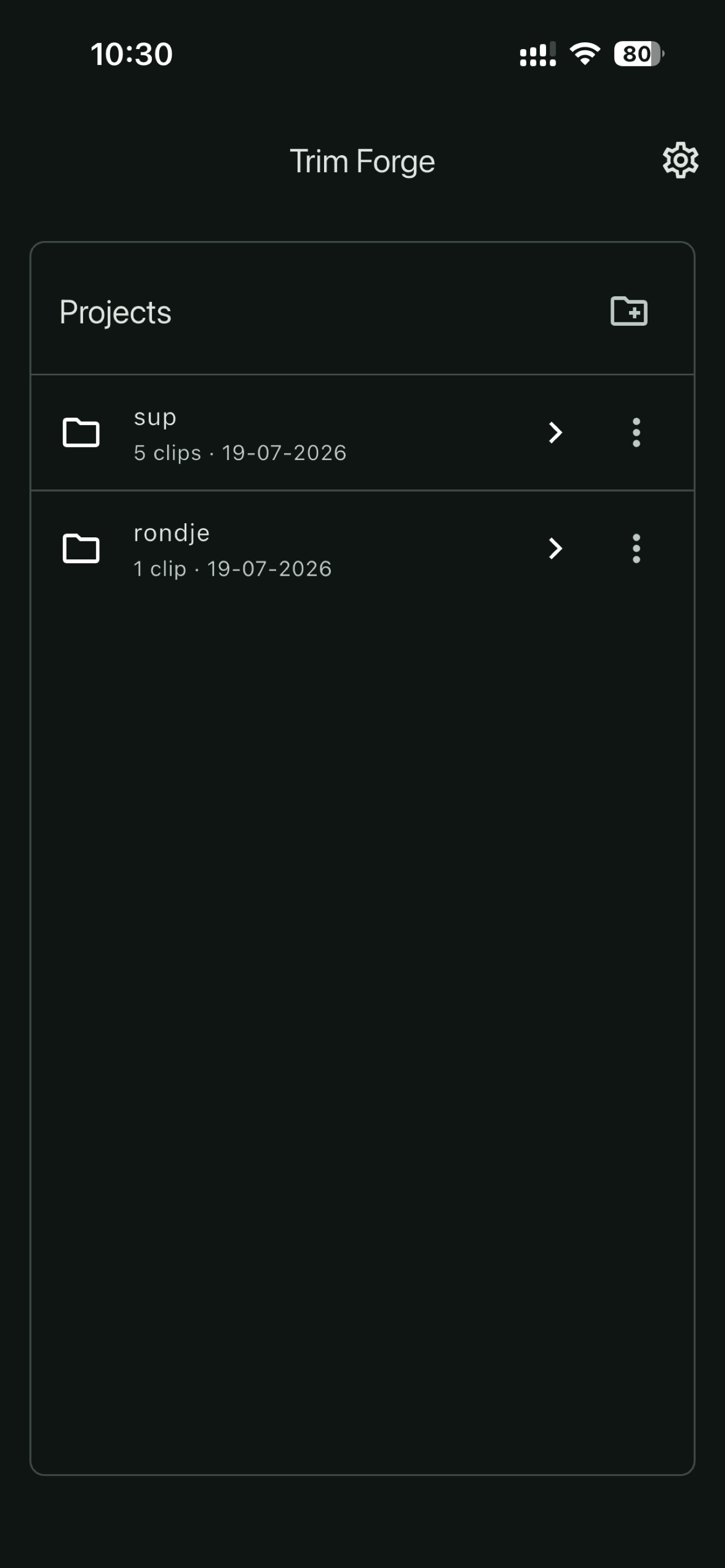 Trim Forge project list screen